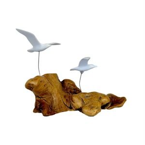 Vintage John Perry Driftwood Sculpture with Two White Seagulls Coastal Beach Art